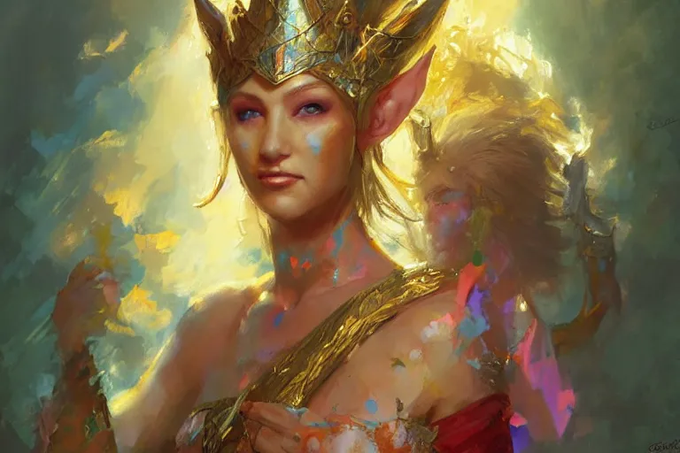 Image similar to A bright, happy painting of an elven queen by Craig Mullins, beautiful, hyperrealistic, realistic face, high-quality, professional, dramatic lighting, extremely high detail, trending on artstation