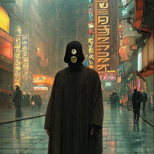 Image similar to portrait of masked byzantine blade runner 2 0 4 9 on the art deco streets of the neo tokyo during the festival of cybermasks, award - winning realistic sci - fi concept art by beksinski, bruegel, greg rutkowski, alphonse mucha, and yoshitaka amano