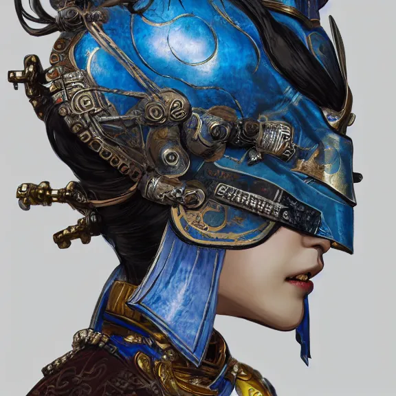 Image similar to ancient chinese princess with steampunk mask, dynasty warriors, headshot, holy, unreal engine, 8 k, blue color scheme, headshot, highly detailed, smooth, ink painting, artstation, concept art, in style of yoji shinkawa, pan ren wei, col price, atey ghailan, by greg rutkowski, aesthetic