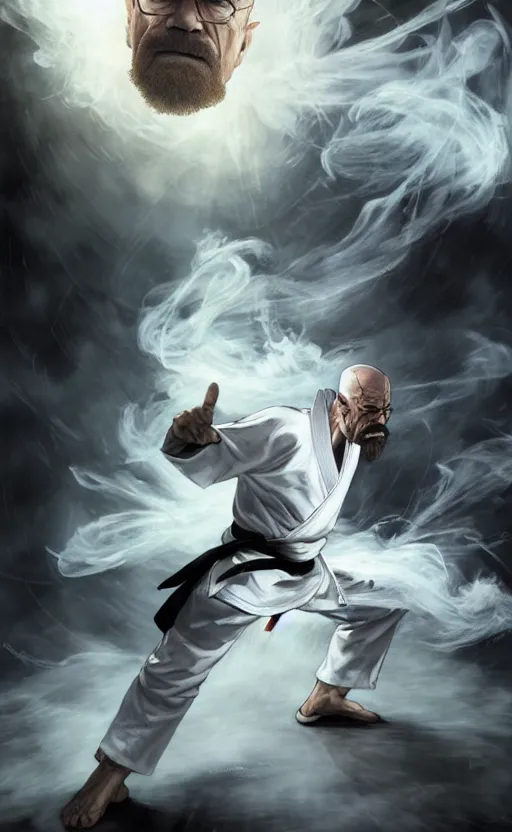 Image similar to Epic Concept art of grandmaster walter white wearing a white martial artist gi uppercutting a wooden plank, fighting pose, bald head and white beard, emanating white smoke, fog fills the area, character surrounded by wispy smoke, plain background, by Chen Uen, art by Yoji Shinkawa, 4k