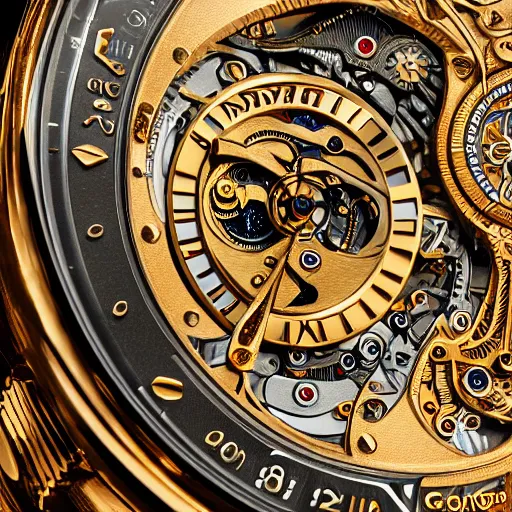 Image similar to a macro photo of a very beautiful gold and silver mechanical watch, close - up, intricately detailed engravings, intricately detailed markings, intricate textures, warm lighting, vivid colors, realistic octane render, hyper realistic render, volumetric shading, depth of field, raytracing, 8 k,