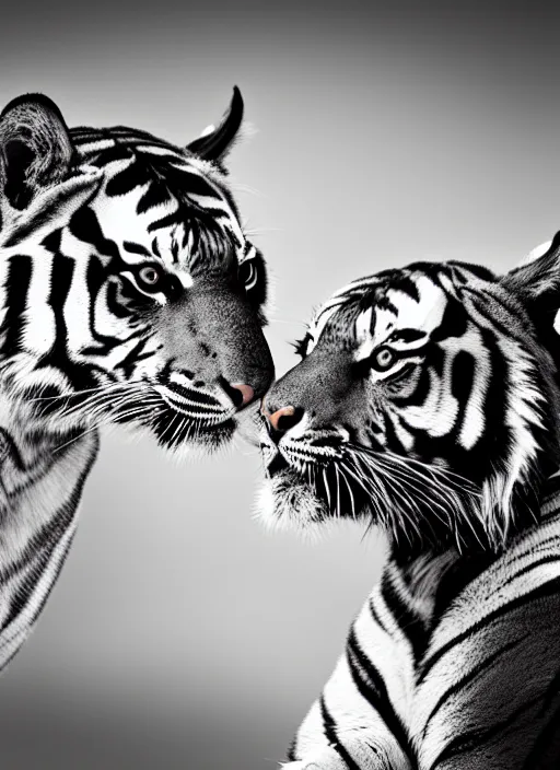 Image similar to two tigers black and white portrait white sky in background