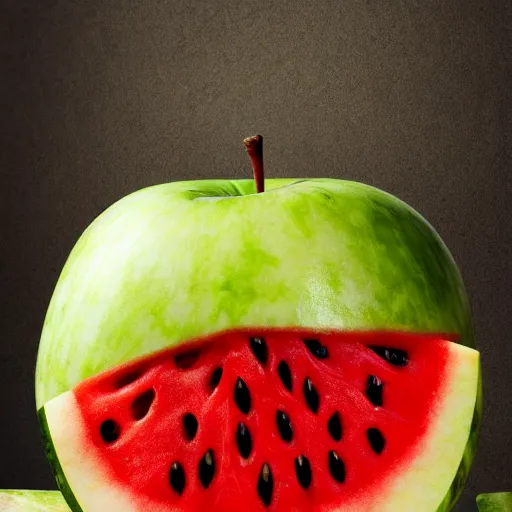 Image similar to an apple sitting on top of a watermelon, 4k, highly detailed,