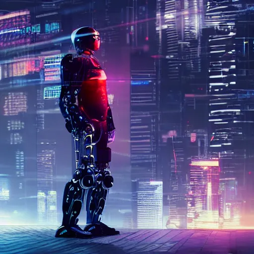 Image similar to a man inside of a robot suit in a cyberpunk city, photorealistic, 8K, coherent like Dall-E 2