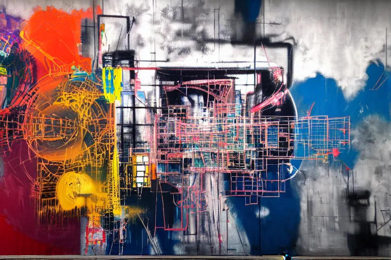 Image similar to neural industrial machines, multilayer glitch effect in spatial perceptron synapses, matte painting, 4 k, epic composition, volumetric light, abstract illusionism, by robert rauschenberg, edvard munch, jean - michel basquiat, pour paint, modern street art, grunge wall