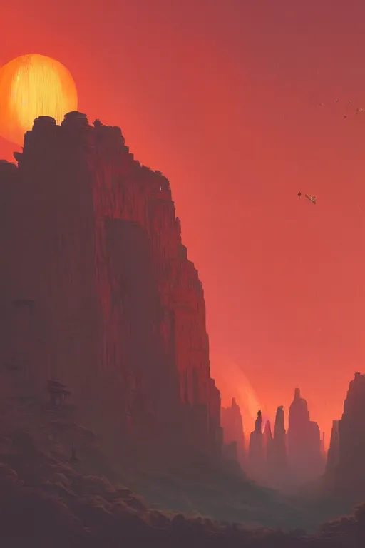 Image similar to ancient temples glowing red in canyon, monks, ruins, light streaks in the sky, floating planets and moons, dramatic lighting, artstation, matte painting, ralph mcquarrie, simon stalenhag