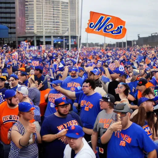 Prompt: photo for NYTimes Story - Hundreds of ny mets fans protest outside stadium as beer prices double