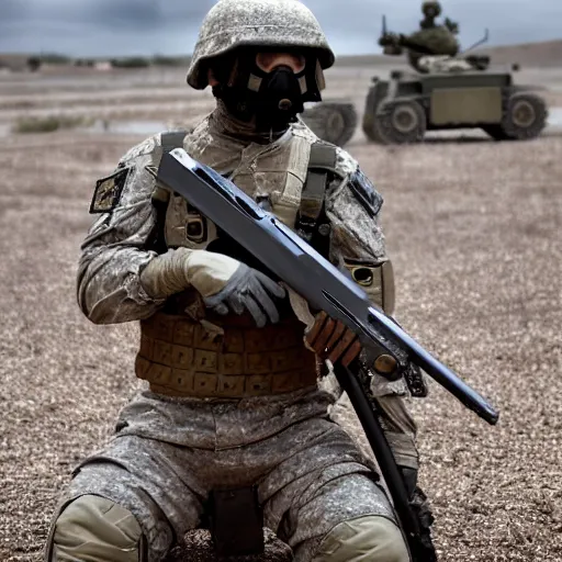 Image similar to « detailed ground drone soldier caring a heavy white gun detailled »