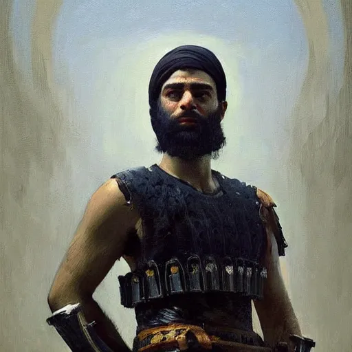 Prompt: a stunning and noble highly detailed portrait of a syrian warrior by josep tapiro baro and edward hopper, trending on artstation, oil painting masterpiece, symmetry, mysterious, very very very aesthetic