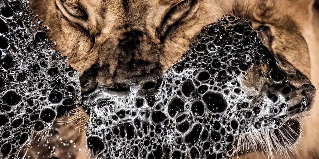 Image similar to a lioness made of ferrofluid bathing inside the bathtub full of ferrofluid at the photography studio, covered in dripping ferrofluid. dslr, wrinkles, ferrofluid, photography, realism, animal photography