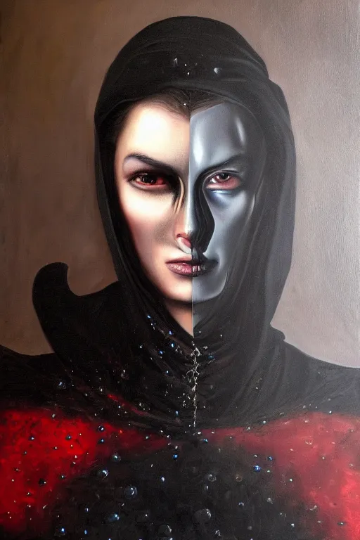 Image similar to hyperrealism oil painting, close - up portrait of european medieval brunette vampire fashion model, knight, steel gradient mixed with nebula sky, in style of baroque