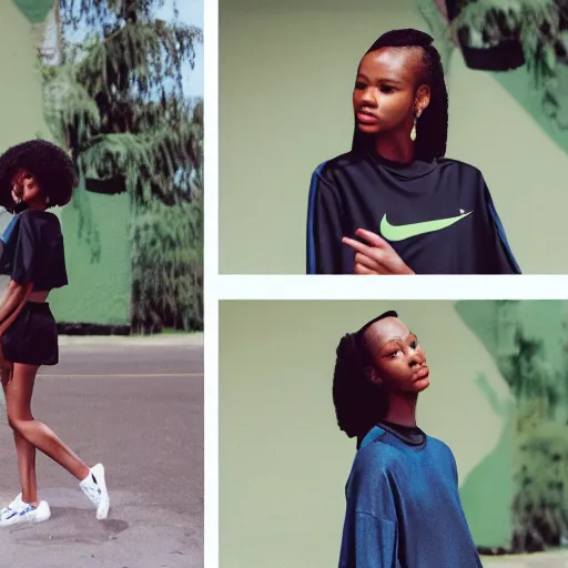 Image similar to realistic photoshoot for a new nike lookbook, color film photography, portrait of a beautiful person, in style of Campbell Addy, 35mm