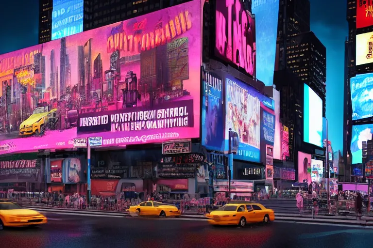 Image similar to a billboard on times square at night, screen show concert poster, band name is tripmachine, on the screen is a 3 d render of a huge futuristic steampunk generator, wet street, realistic digital art, 8 k, fluorescent colors, halluzinogenic, multicolored, exaggerated detailed, unreal engine, 8 0 mm