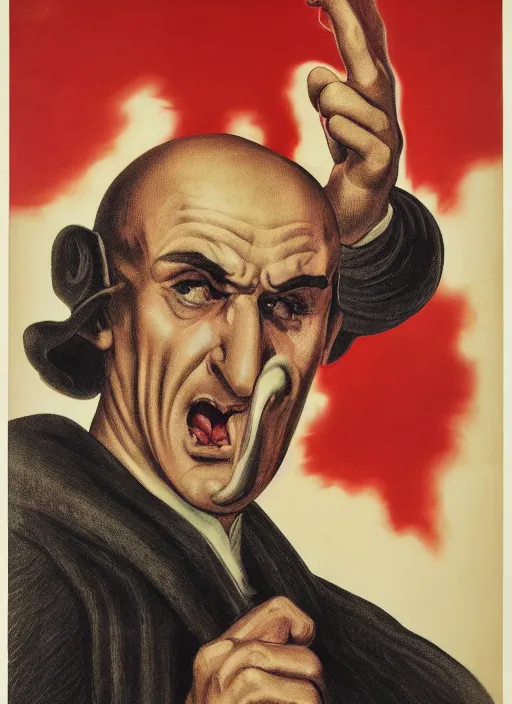 Image similar to portrait of glamorous bald medieval man with big nose and annoyed gesture,look of hate, threatening pose, 1940s propaganda poster, full hd,highly detailed