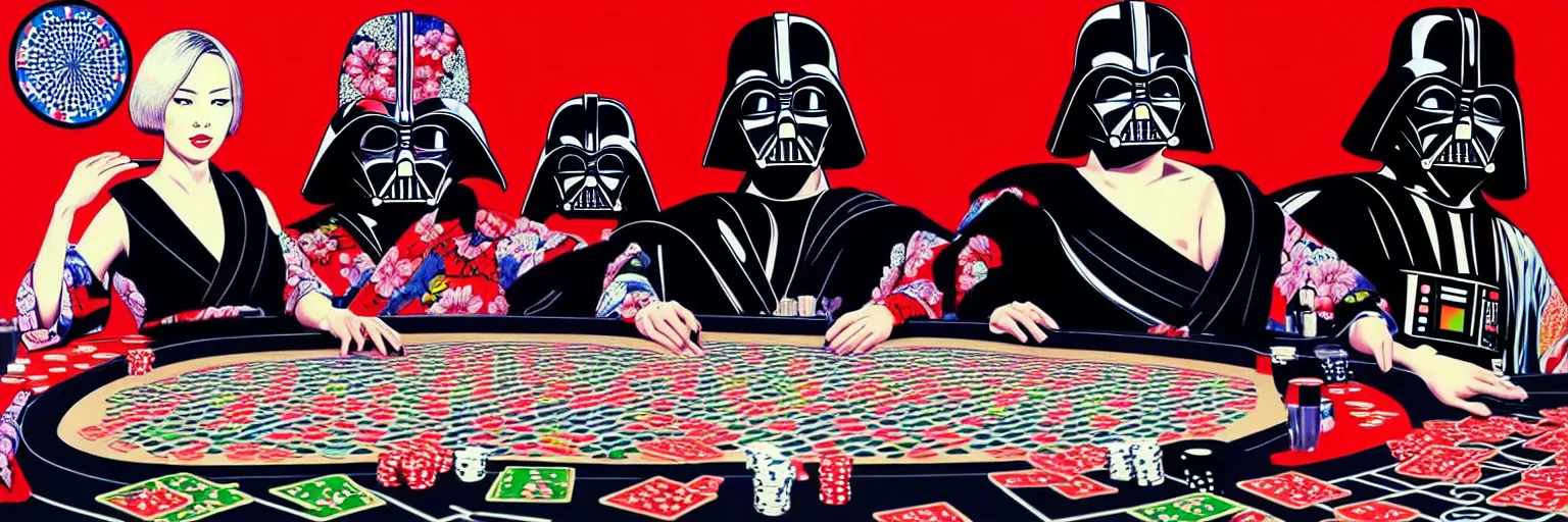 Image similar to hyperrealism composition of the detailed woman in a japanese kimono sitting at an extremely detailed poker table with darth vader, terminator, fireworks on the background, pop - art style, jacky tsai style, andy warhol style, acrylic on canvas