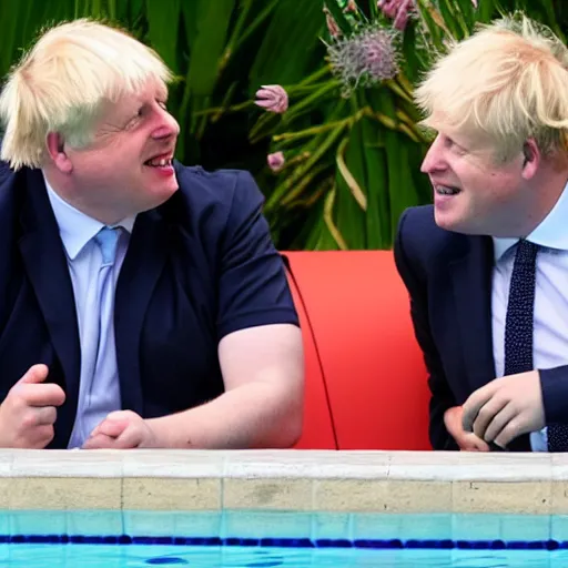 Prompt: Boris Johnson in the love island pool neon flirting with girl