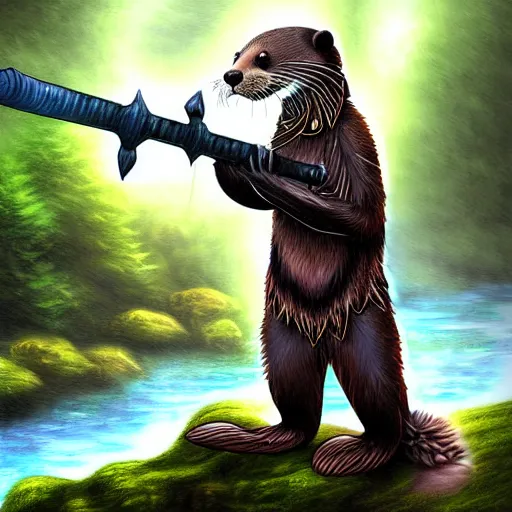 Image similar to furry otter warrior, fantasy art, lightweight armour, near the river, waterfall, digital art, high quality