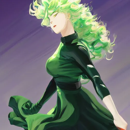 Prompt: painting of tatsumaki from one punch man, green wavy hair, black dress, cool color palette, refreshing, soft lighting, fine details, digital painting, pretty face, light and shadow effects, dynamic pose, by cushart krenz, by makoto shinkai