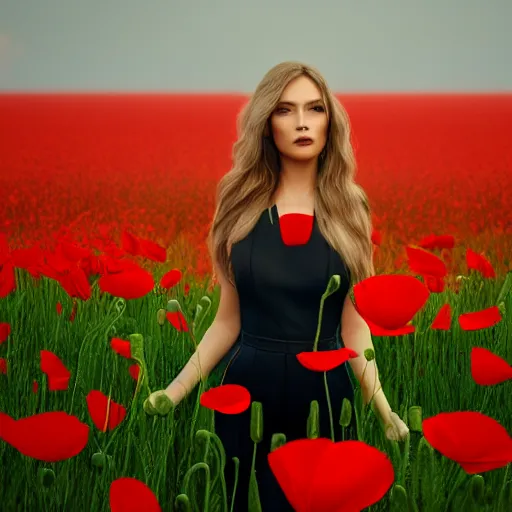 Prompt: a beautiful woman standing next to a field of poppies, dutch, blonde, tall, pretty, atmospheric, epic composition, trending on artstation, octane render