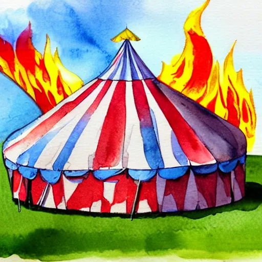 Prompt: circus tent on fire:: style of a watercolor painting