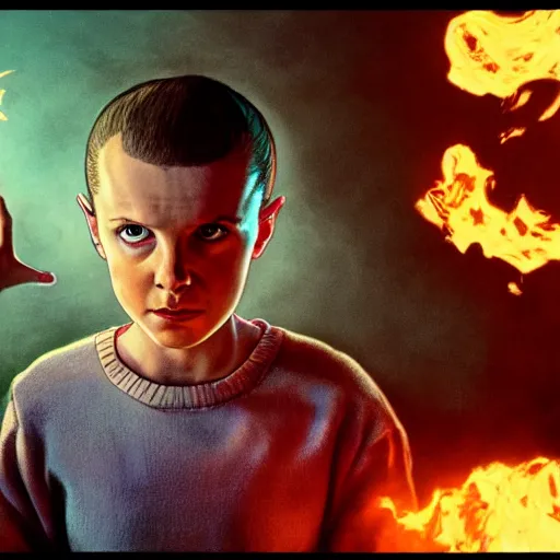 Prompt: Concept art, Eleven from 'Stranger Things' Season 3 (2019) conjuring a magical fireball in her hand