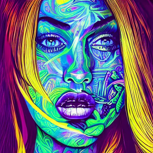 Image similar to an extremely psychedelic portrait of megan fox as mgk, surreal, lsd, face, detailed, intricate, elegant, lithe, highly detailed, digital oth, sharp focus, illustration,