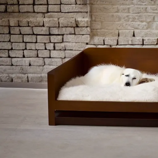 Prompt: wooden luxurious dog bed inspired by Philippe Starck