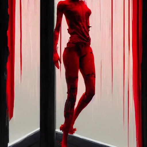 Image similar to pelham puppet surrounded by red curtains by Conrad Roset and Nicola Samuri, medium shot, rule of thirds, seductive look, beautiful, intricate, dystopian, sci-fi, extremely detailed, digital painting, artstation, concept art, smooth, sharp focus, intimidating lighting, incredible art, details visible, very dark ambiance