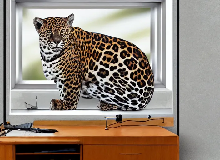 Image similar to photography of a Jaguar Cat . watching outside the window. on a bed. in a 70's room full of vinyls and posters, photorealistic, award winning photo, 100mm, sharp, high res