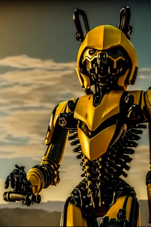 Prompt: a cinematic still from westworld, full body yellow mech bumblebee, octane render, nvidia raytracing demo, masterpiece, aged armor plating, aggressive head,