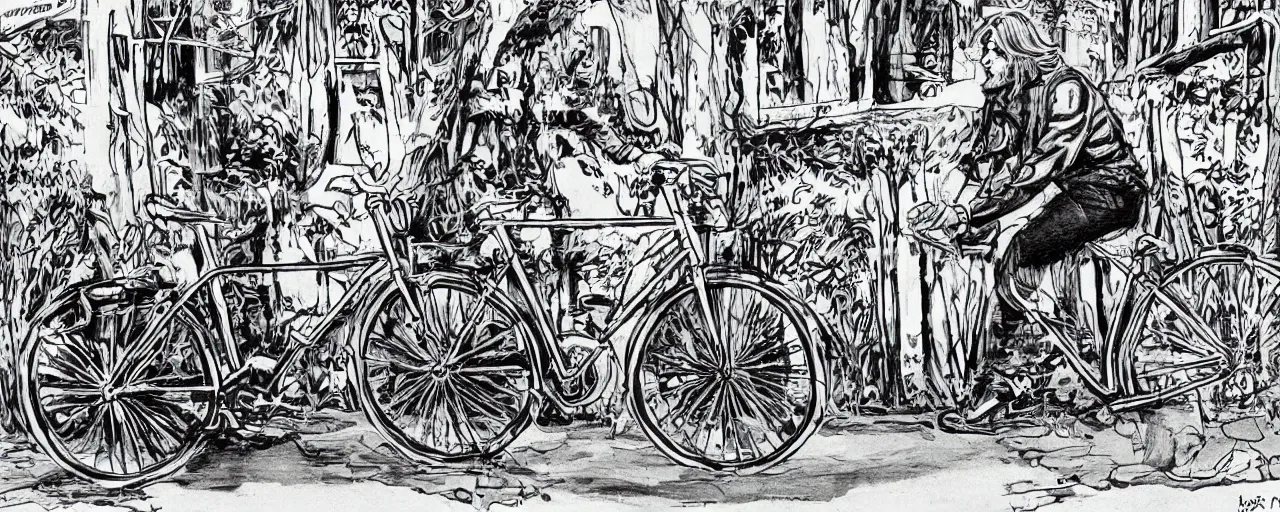 Image similar to beautiful detailed comic illustration of Kurt Cobain on a bicycle on a bicycle, colored