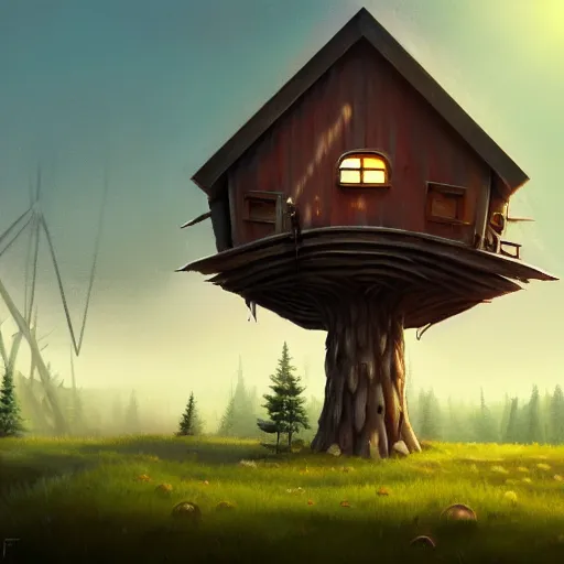Image similar to a walking wood and metal house with two legs and one big eye, smoky chimney, rust, hyperrealistic, highly detailed, cinematic, single ray of sun, morning, pareidolia, gravity falls style, disney, ghibli, beautiful, pine trees in the background, cgssociety, artstation, 8 k, oil painting, digital art