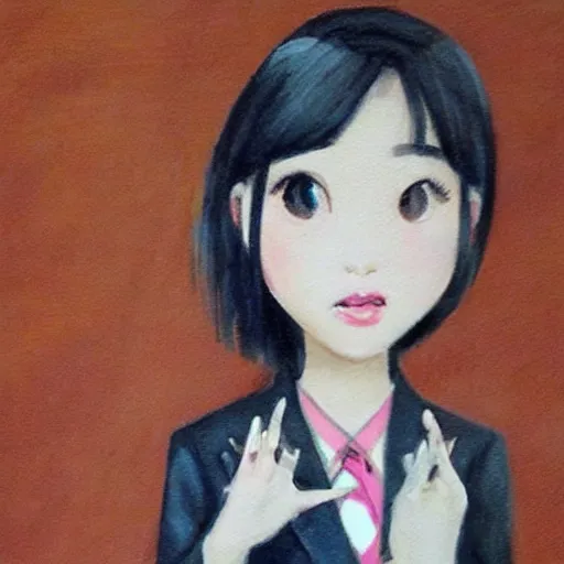 Image similar to a pretty young girl of 2 5, japanese, with big eyes, short shoulder - length hair and a suit ， paintingby sam yang and trnyteal