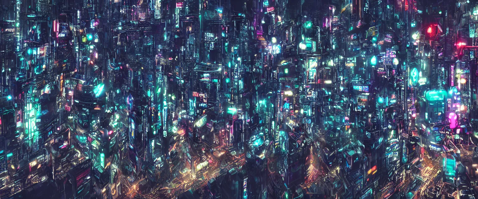 Prompt: A gigantic, sprawling cyberpunk megacity at late evening, neon lights everywhere, streets are visible, view from a helicopter, extremely detailed, Tokyo, night, unreal engine, octane render, ray tracing, realistic, highly detailed, cinematic, hyper realism, high detail, synthwave, concept art, award winning, anime
