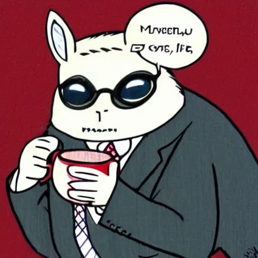 Prompt: a moose in a suit and tie sipping coffee from a mug by miyazaki, anime