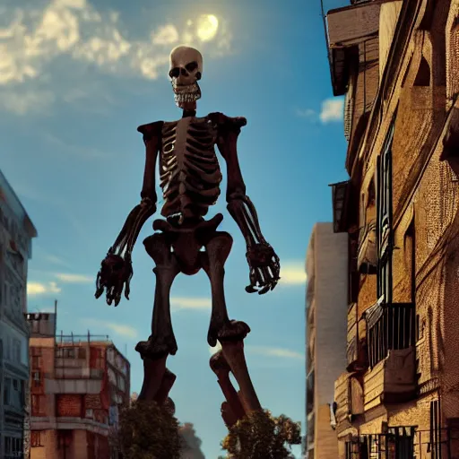 Image similar to Giant skeleton stands in the middle of the street, looks at the sun, volumetric lighting, hyperrealistic, beautiful details, HDR, octane render,