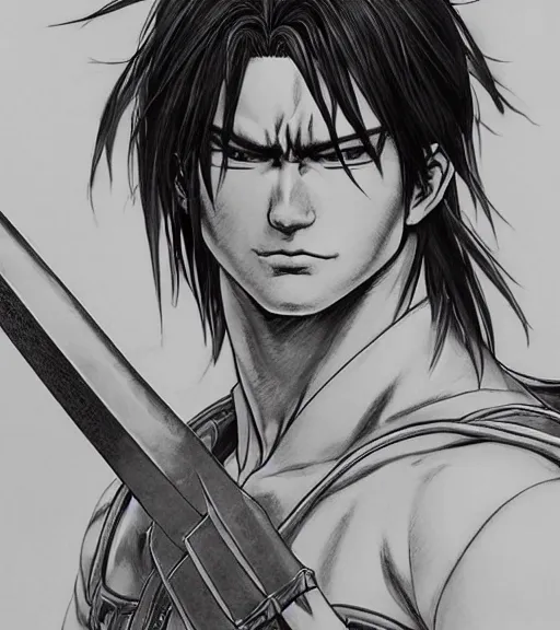 Prompt: portrait rayden dante link ryu kazuya by yusuke murata and masakazu katsura, detailed face, holding a sword in one hand and a shield at the other, artstation, detailed eyes, highly - detailed, sharp focus, cgsociety, pencile and ink, city in the background, dark colors, intricate details