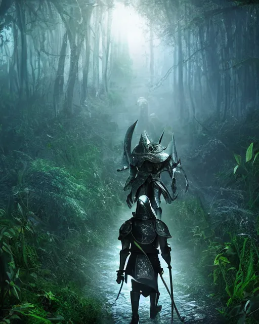 Image similar to a strong knight is walking towards a horrific monster in a densely overgrown, eerie jungle, fantasy, stopped in time, dreamlike light incidence, ultra realistic, award winning picture