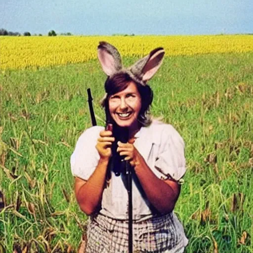 Prompt: “a bucktoothed farmer lady wearing rabbit ears and holding a shotgun.”