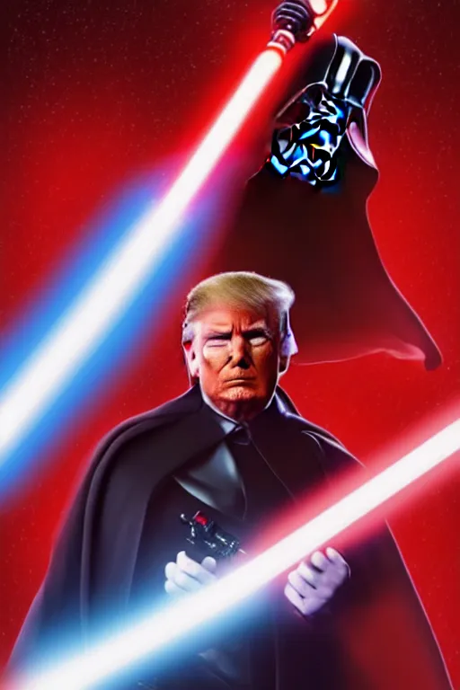 Prompt: Donald Trump as a Sith from Star Wars, red light saber, realistic portrait, symmetrical, highly detailed, cinematic lighting
