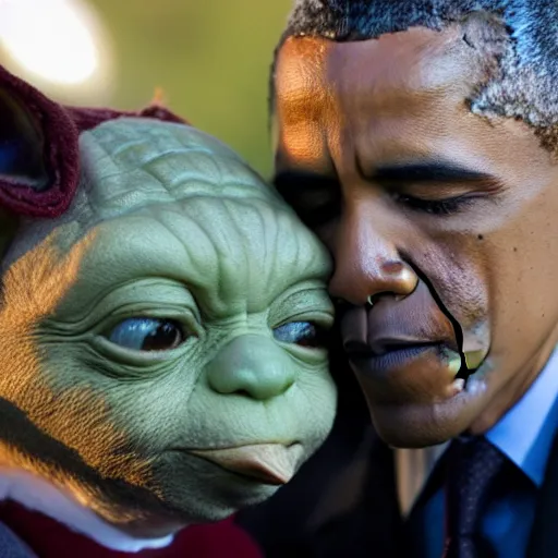 Image similar to obama and yoda kissing with tongue at sunrise