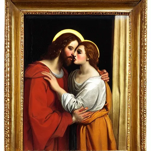 Image similar to 1 8 th oil panting of a jesus kissing with maria maddalena