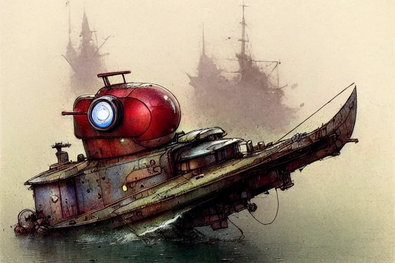 Image similar to adventurer ( ( ( ( ( 1 9 5 0 s retro future robot android mouse house boat tug boat calm stream. muted colors. ) ) ) ) ) by jean baptiste monge!!!!!!!!!!!!!!!!!!!!!!!!! chrome red