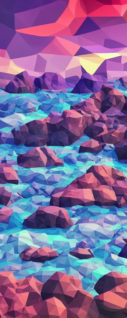 Image similar to super detailed color lowpoly art, northern sunset with rocks on front, monochrome photorealistic bay in the middle of perspective and mountains at background, graphic vessels in random points ow bay, unreal engine, retrowave color palette, 3 d render, lowpoly, colorful, digital art, perspective