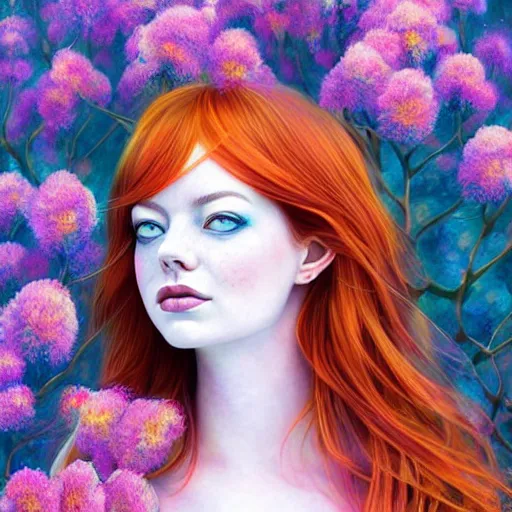 Prompt: aesthetic! angelic! redhead emma stone portrait by Anna Dittmann and Harumi Hironaka and Filip Hodas, flowers, magical, artsy, impressionism