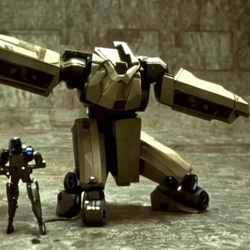 Prompt: metal gear mech, 1 9 8 7, stop - motion, movie still