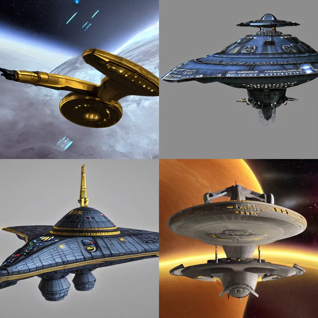 Prompt: 3d render of star trek uss enterprise ncc-1701-d as an ominous wwii warhammer bfg imperium battlecruiser in space decorated with gothic cathedral ornamentation, golden accents, and a big snowplow at the front of the ship, painted miniature with nacelles and saucer section