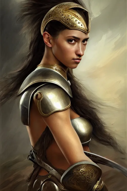 Image similar to a sharply detailed, photorealistically painted portrait of an attractive young female, partially clothed in battle armor, with an abstractly painted background, flawless olive skin, fair complexion, long dark hair, beautiful bone structure, perfectly symmetric facial features, perfect photorealistic eyes, natural physique, intricate, elegant, digital painting, concept art, finely detailed, beautifully illustrated, sharp focus, minimal artifacts, volumetric lighting, from Metal Gear, by Ruan Jia and Mandy Jurgens and Artgerm and William-Adolphe Bouguerea, in the style of Greg Rutkowski, trending on Artstation, award winning art