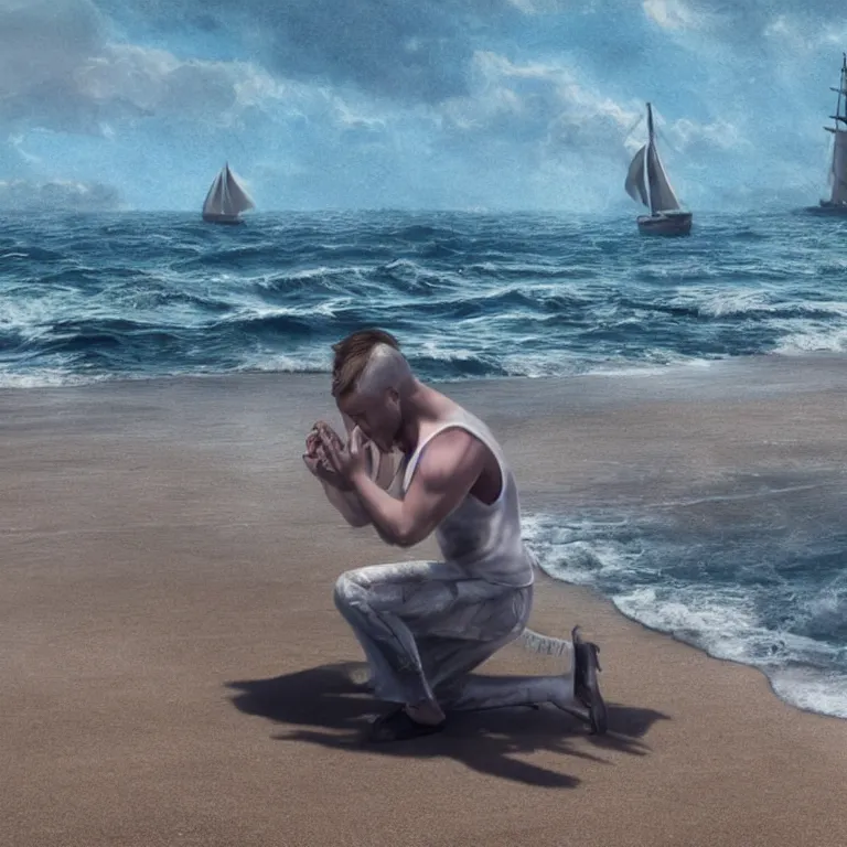 Prompt: full body portrait of crying sad sailor on his knees, on a beach, sailingship far in the background, by greg rutkowski, octane render, unreal engine, 8 k highly detailed, intricate details