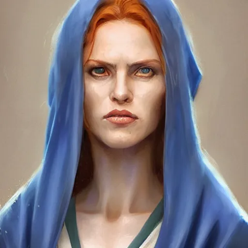 Prompt: portrait of a woman by Greg Rutkowski, old jedi Mara Jade from Star Wars Expanded Universe, she is about 60 years old, wearing blue and white robes, highly detailed portrait, digital painting, artstation, concept art, smooth, sharp foccus ilustration, Artstation HQ